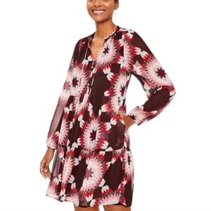 LOFT Geometric Starburst Boho Tiered Mini Dress M Burgundy Pink‎ Sheer Sleeves
